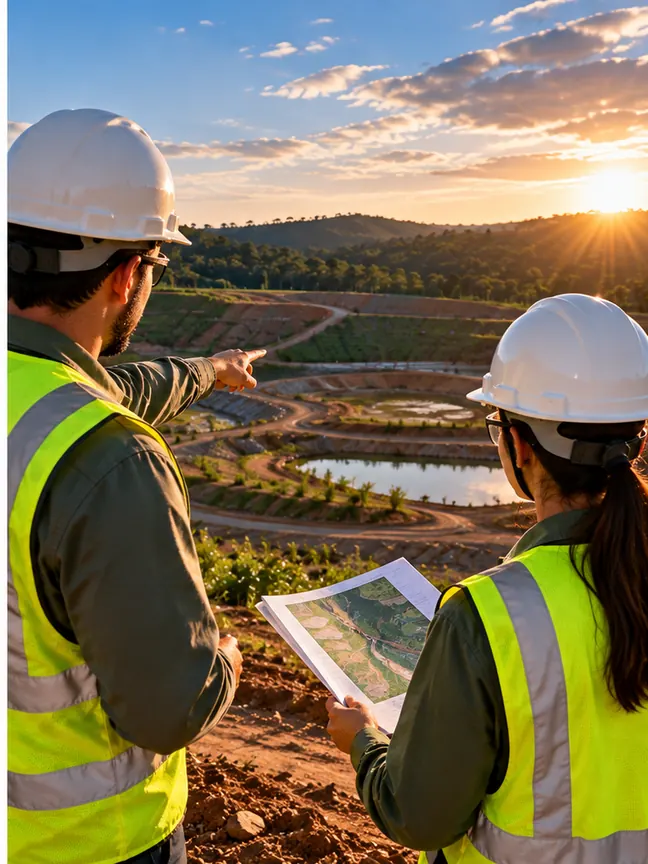Profissionais avaliando área de empreendimento ao pôr do sol