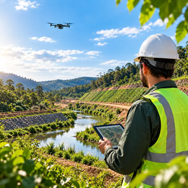 Técnico monitorando área com drone e tablet