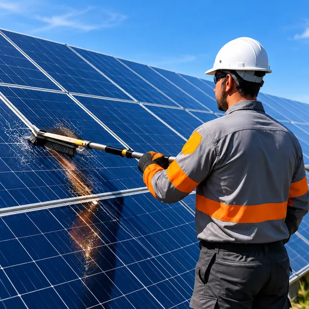 Técnico com EPI limpando módulos fotovoltaicos