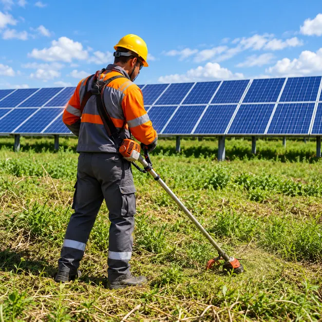 Operador realizando roçada entre fileiras de painéis solares