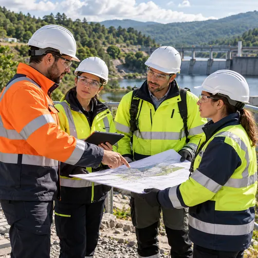 Equipe técnica com EPI analisando projeto em campo